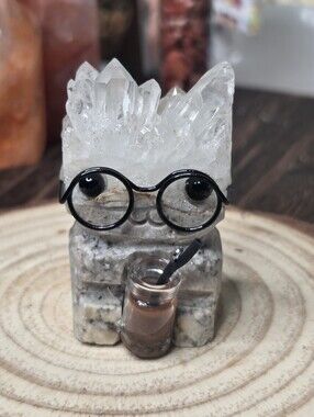 Crystal  Buddy Drinking Boba Tea With Glasses  Clear QuartZ (B)